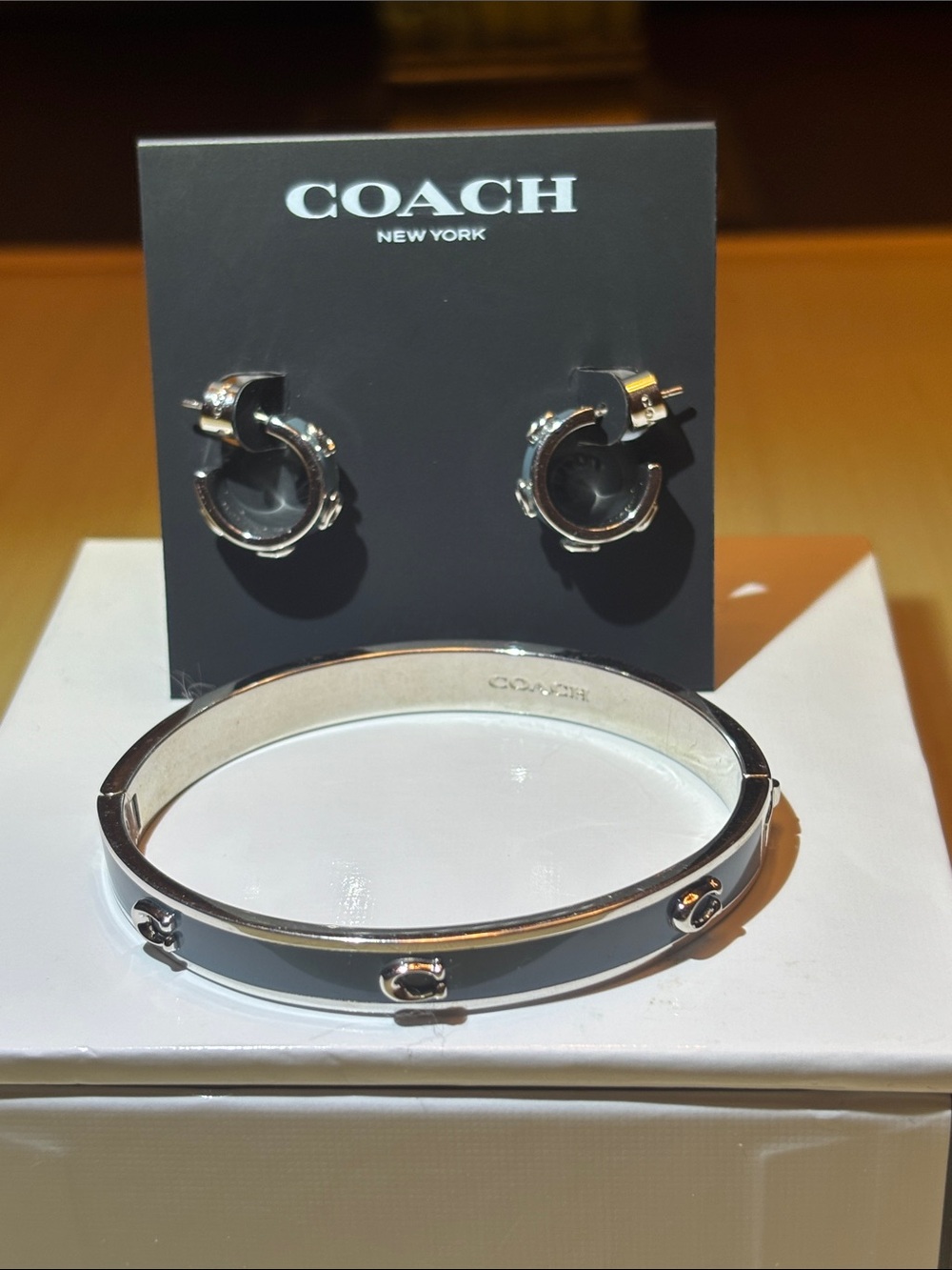 COACH Silver-Tone Bracelet and Hoop Earring Set with Light Blue Enamel
